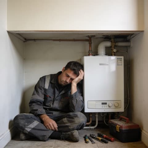 Installer slumped against a boiler, head in his hand