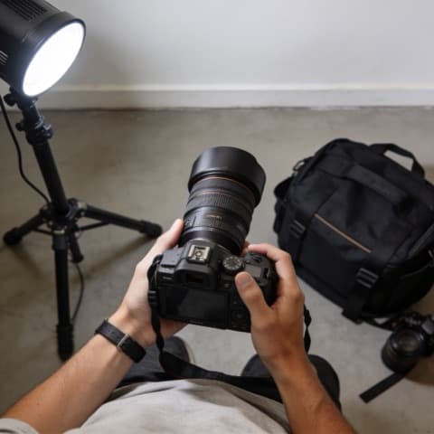Photographer from the chest down, camera ready, no face